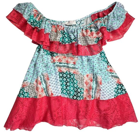 SUGARFOX Coral Ethnic Print Lace Ruffle Hem Top 1XL Women’s PLUS - Picture 4 of 16